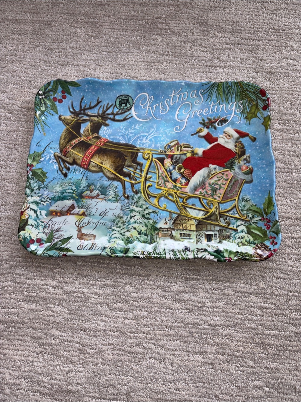 Michel Design Works Christmas Joy Santa Sleigh & Reindeer Melamine Cookie Tray